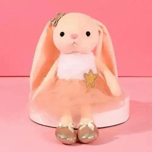 Plush bunny stuffed toy with peach dress, long ears, gold shoes, star patch Stevvex on Tampa Home & Garden Store
