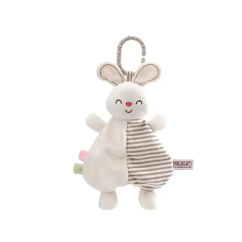 Stevvex plush rabbit lovey with striped beige/white panels soft fabric baby pacifier holder on Tampa Home & Garden Store