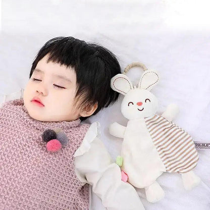 Stevvex rabbit plush baby toy; soft white with striped beige belly, calming sleep aid on Tampa Home & Garden Store