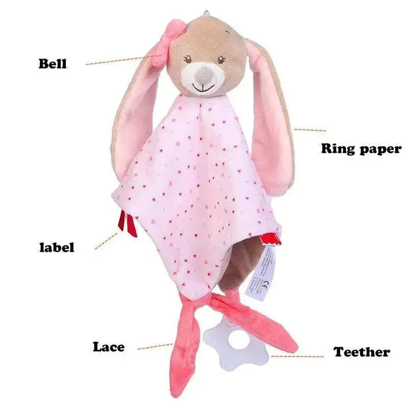 Stevvex plush bunny baby toy with pink heart-printed towel, teether clip on Tampa Home & Garden Store