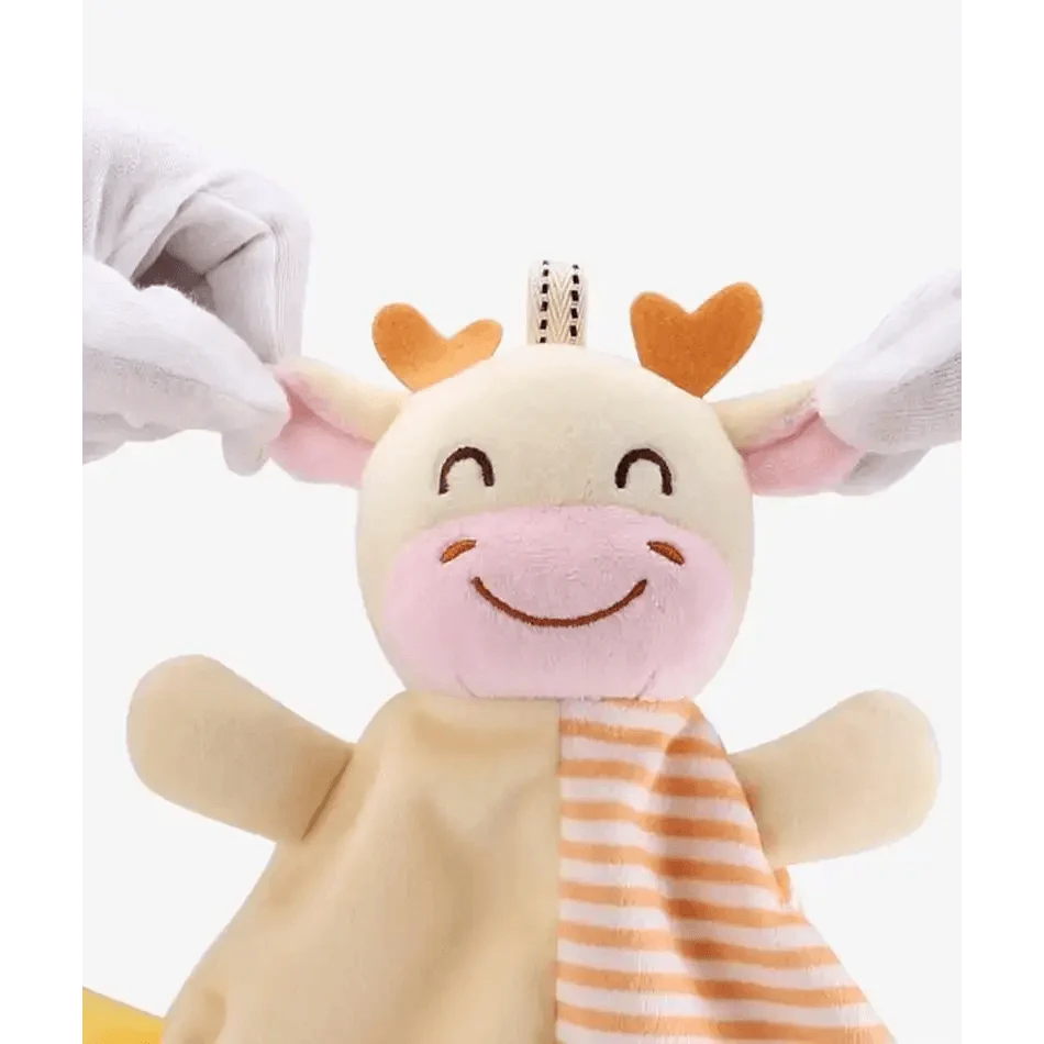 Stevvex plush rabbit infant toy with cream body, pink muzzle and orange striped scarf on Tampa Home & Garden Store