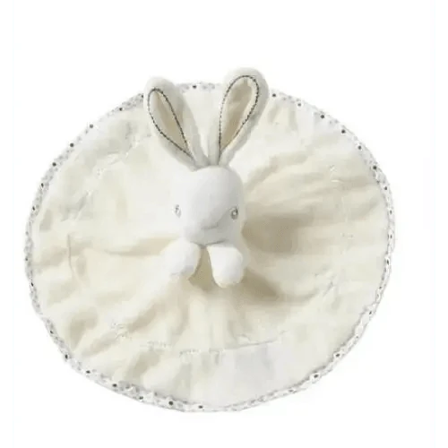 Bunny plush stuffed toy on ivory towel with lace edge for infant sleep soothing Stevvex on Tampa Home & Garden Store