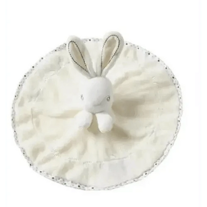 Bunny plush stuffed toy on ivory towel with lace edge for infant sleep soothing Stevvex on Tampa Home & Garden Store