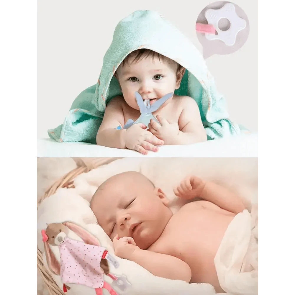 Stevvex soft rabbit plush toy with pacifier clip for infants, pastel blue and pink sleep aid on Tampa Home & Garden Store