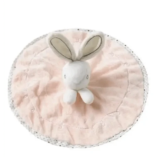 Stevvex bunny plush toy on round pink baby comfort towel with dotted edge on Tampa Home & Garden Store