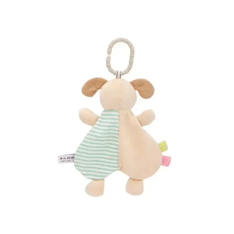 Soft rabbit plush infant toy with teal-striped panel, beige body, hanging loop and tabs on Tampa Home & Garden Store