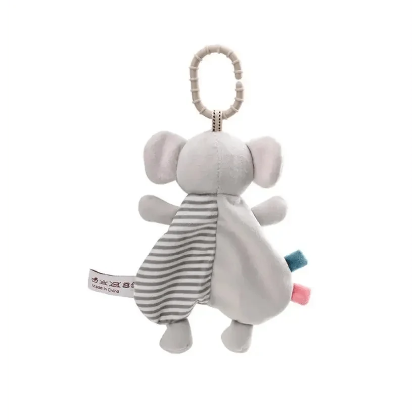 Stevvex gray plush rabbit pacifier toy with hanging ring and striped panel for babies on Tampa Home & Garden Store