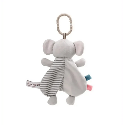 Stevvex gray plush rabbit pacifier toy with hanging ring and striped panel for babies on Tampa Home & Garden Store