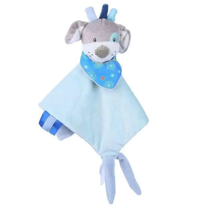 Stevvex stuffed rabbit plush baby comfort toy with light blue blanket, blue bandana and pacifier attachment ribbons on Tampa Home & Garden Store