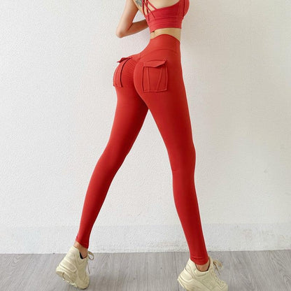 Stevvex red high-waist leggings with pockets for women, workout yoga pants on Tampa Home & Garden Store