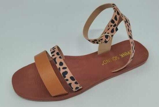 Stevvex leopard print ankle-strap sandal with open toe and tan front strap, flat brown sole on Tampa Home & Garden Store