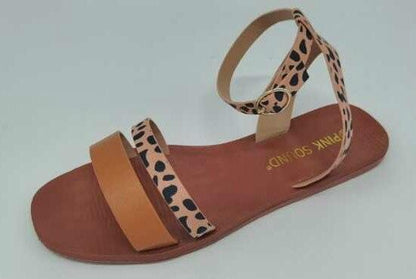 Stevvex leopard print ankle-strap sandal with open toe and tan front strap, flat brown sole on Tampa Home & Garden Store