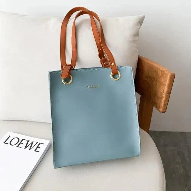 Stevvex designer leather shoulder bag in light blue with brown handles and gold hardware on Tampa Home & Garden Store