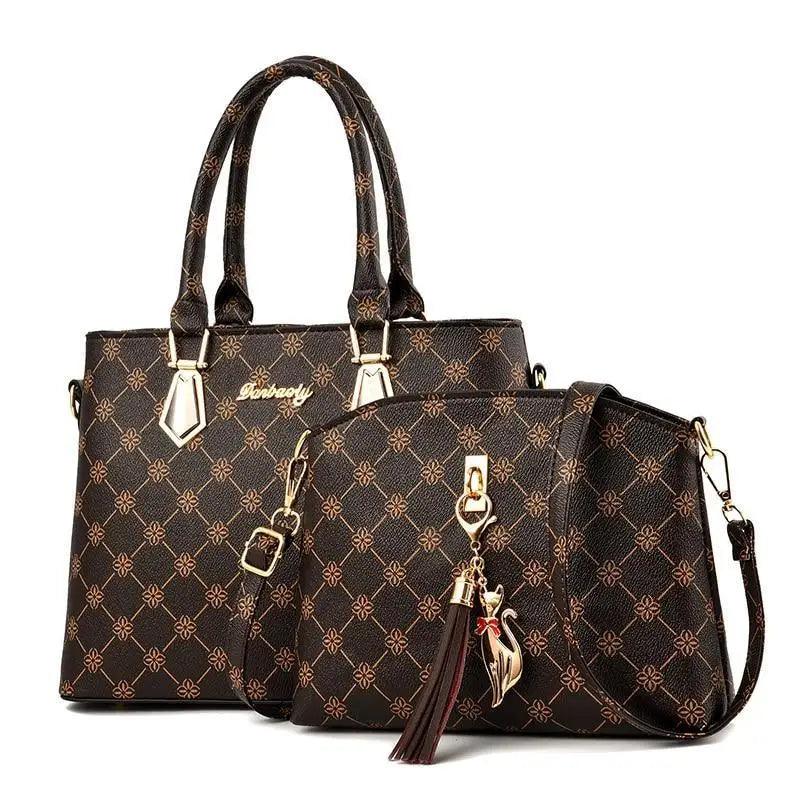 Stevvex leather bag set 2 pcs: brown shoulder bags with gold hardware and tassel charm on Tampa Home & Garden Store
