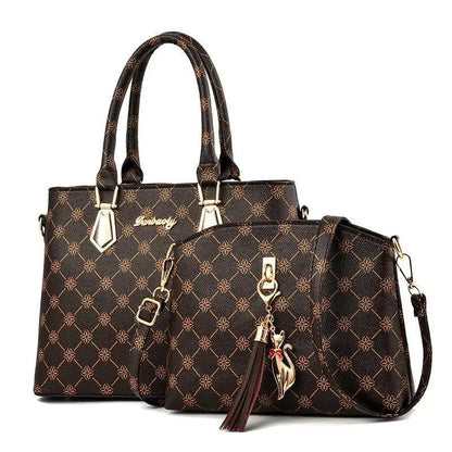 Stevvex leather bag set 2 pcs: brown shoulder bags with gold hardware and tassel charm on Tampa Home & Garden Store