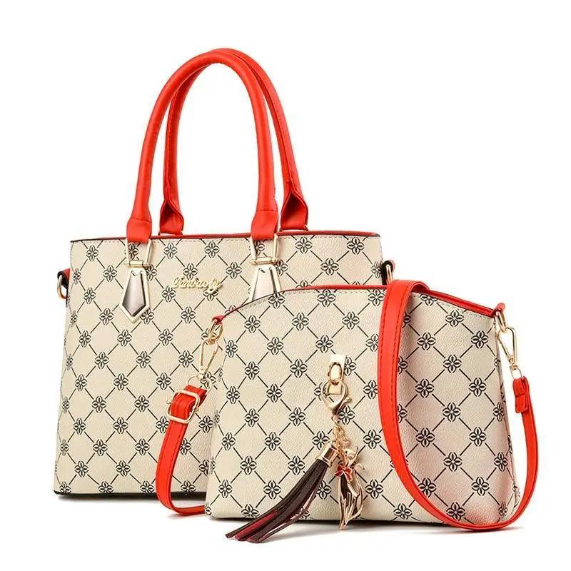 New Luxury Leather Bags Set 2 Pcs by Stevvex beige with red handles and crossbody strap on Tampa Home & Garden Store