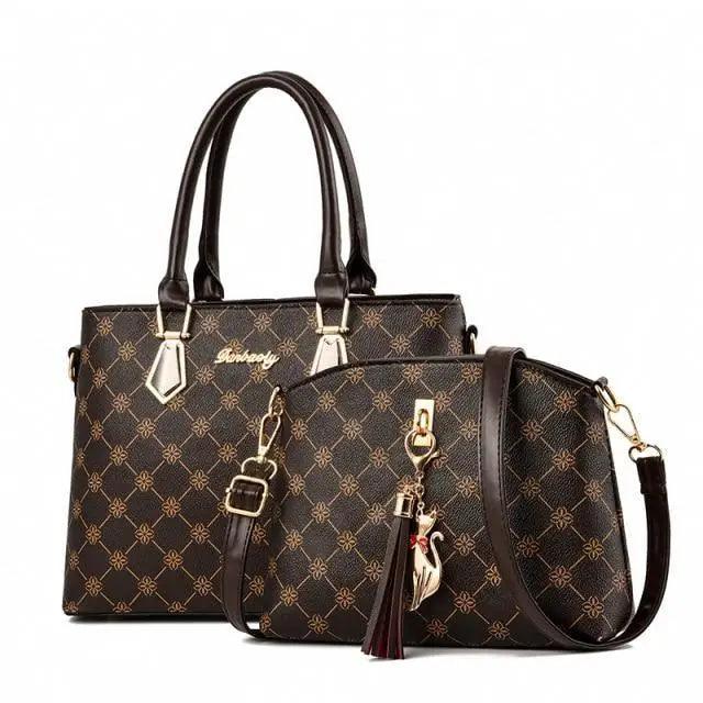 Stevvex luxury leather two-piece shoulder bag set: brown patterned tote and crossbody with gold hardware tassel on Tampa Home & Garden Store