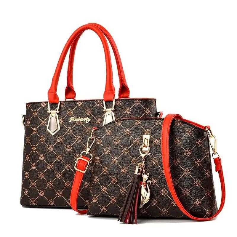 Stevvex 2-pc luxury leather handbag set: tote and shoulder bag with red handles, monogram on Tampa Home & Garden Store