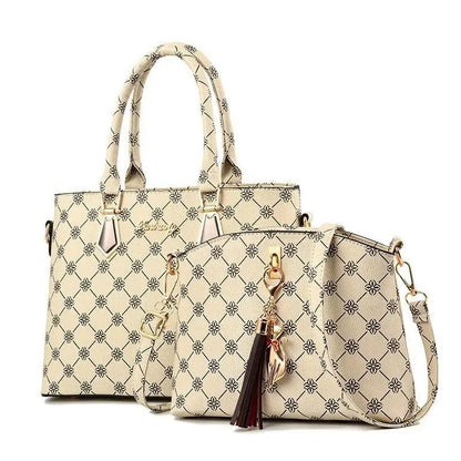 Stevvex two-piece beige leather shoulder bag set with tote and crossbody floral motif on Tampa Home & Garden Store