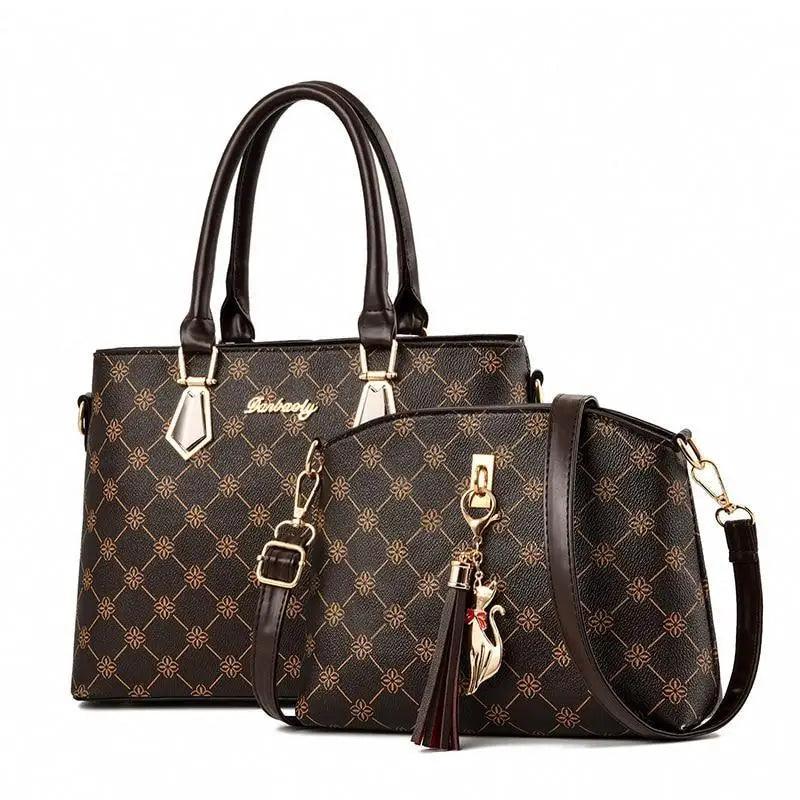 Stevvex two-piece leather shoulder bag set in dark brown with gold hardware, tote and crossbody on Tampa Home & Garden Store