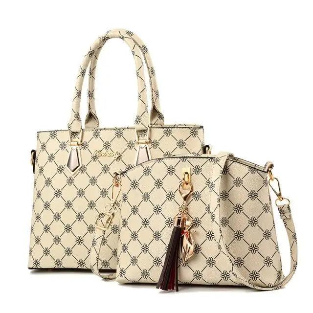 New luxury leather 2-piece Stevvex shoulder bag set in beige with tote and crossbody tassel on Tampa Home & Garden Store