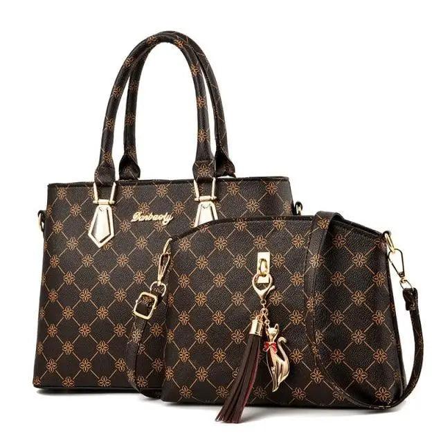 Luxury leather handbags set 2 pcs brown patterned tote and shoulder bag Stevvex on Tampa Home & Garden Store