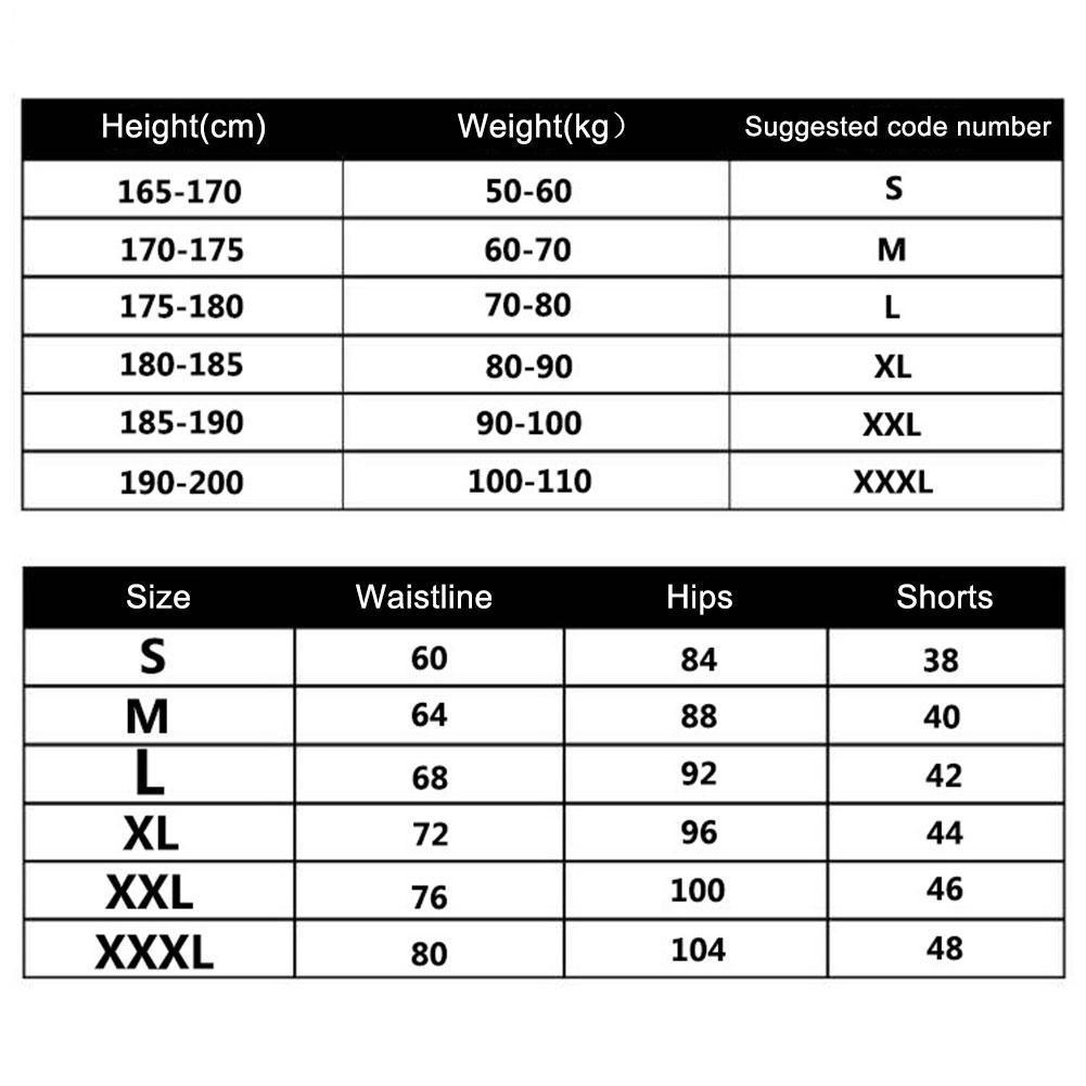 Stevvex men's shorts size chart with waist and hips from S to XXXL and shorts length on Tampa Home & Garden Store