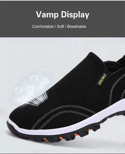 Stevvex men's black slip-on sneakers with white midsole and orange traction accents on Tampa Home & Garden Store