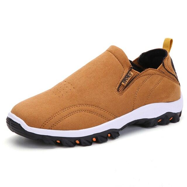 Stevvex mens casual slip-on sneakers tan upper with white midsole black outsole orange accents on Tampa Home & Garden Store