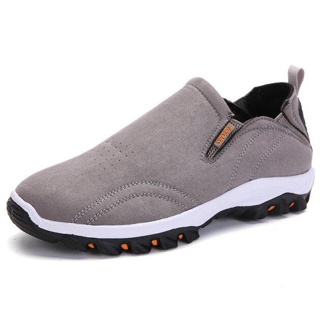 Stevvex men's slip-on sneakers gray suede upper, rugged outsole with orange tread on Tampa Home & Garden Store