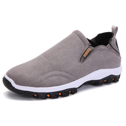 Stevvex men's slip-on sneakers gray suede upper, rugged outsole with orange tread on Tampa Home & Garden Store