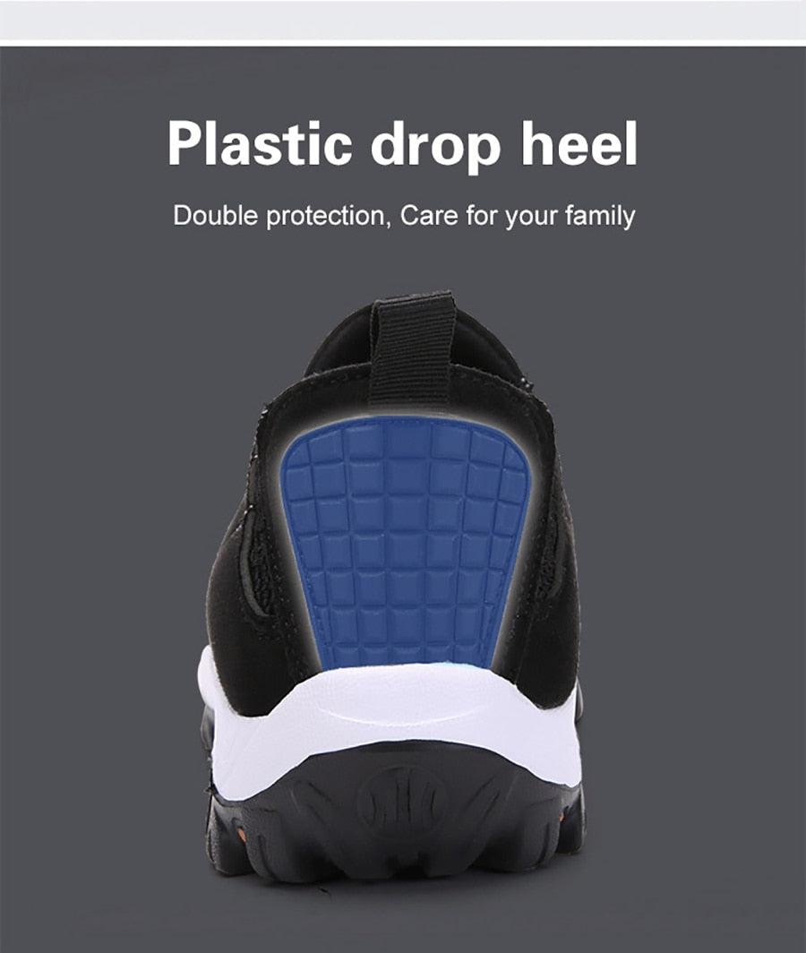 Stevvex men's sneakers back view with blue heel guard, black upper, white midsole on Tampa Home & Garden Store