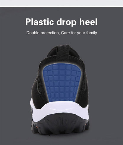 Stevvex men's sneakers back view with blue heel guard, black upper, white midsole on Tampa Home & Garden Store