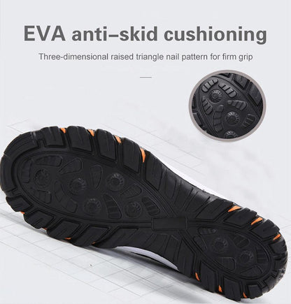 Men's sneakers outsole close-up with rugged black tread and orange accents on Tampa Home & Garden Store