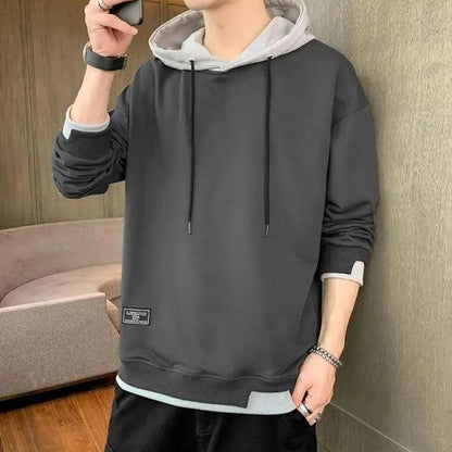 Stevvex men's hooded pullover sweatshirt in dark gray with light gray hood lining and cuffs on Tampa Home & Garden Store