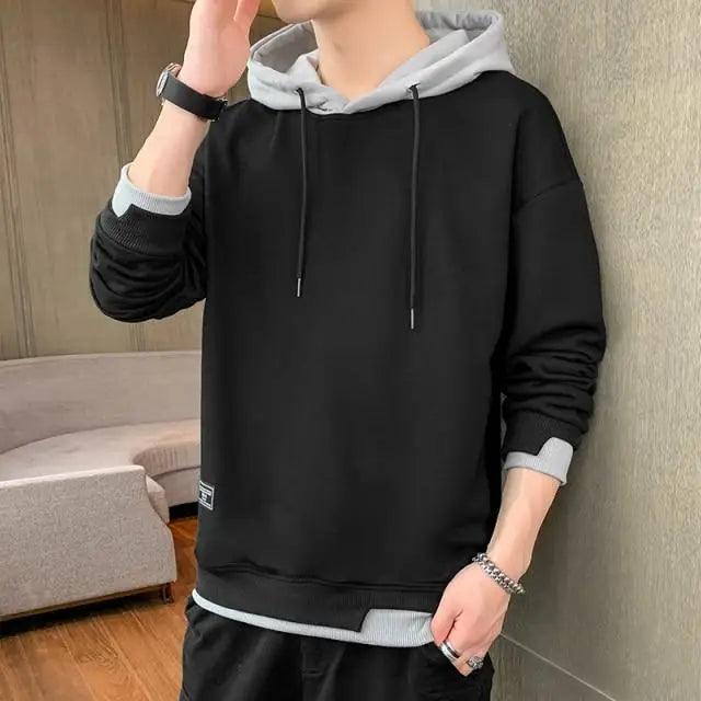Men's Stevvex black pullover hoodie with gray hood lining and cuffs on Tampa Home & Garden Store