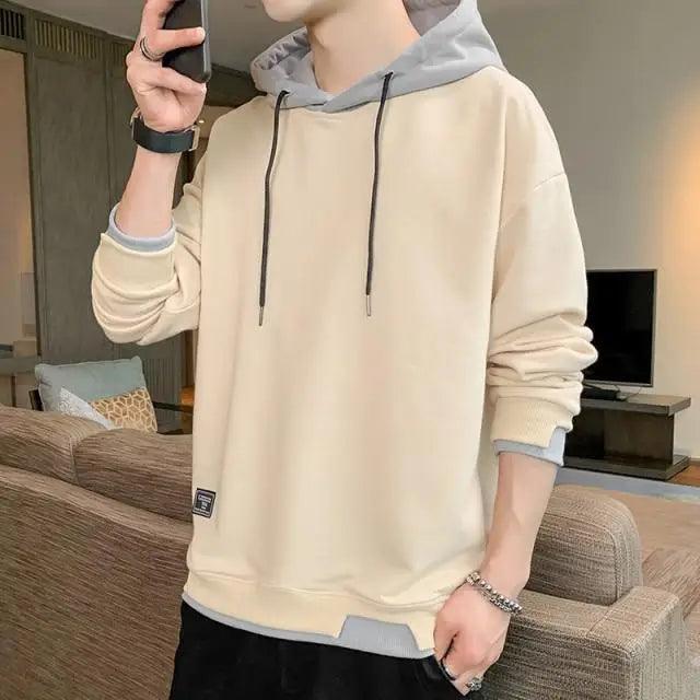 Stevvex men's casual hoodie beige oversized pullover with grey hood and drawstrings on Tampa Home & Garden Store