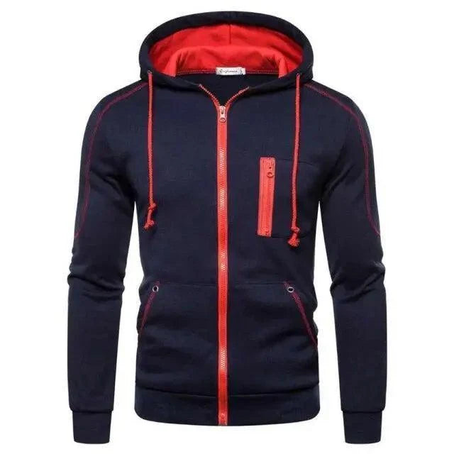 Stevvex men's fleece hoodie jacket in navy with red zippers and drawstrings on Tampa Home & Garden Store