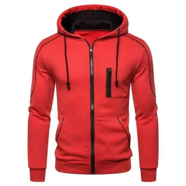 Stevvex men's red fleece hoodie jacket with black zippers, hood and chest/side pockets on Tampa Home & Garden Store