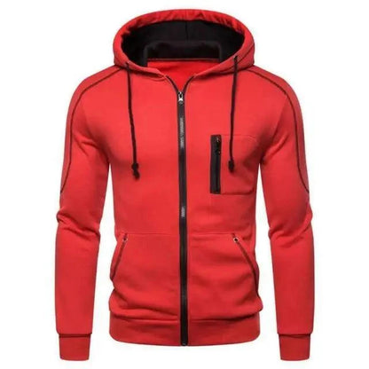 Stevvex men's red fleece hoodie jacket with black zippers, hood and chest/side pockets on Tampa Home & Garden Store