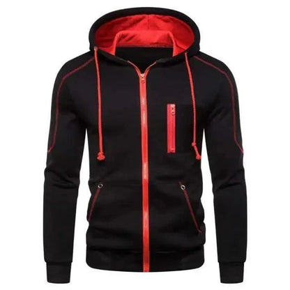 Stevvex men's black fleece hooded jacket with red zipper, drawstrings and pockets on Tampa Home & Garden Store