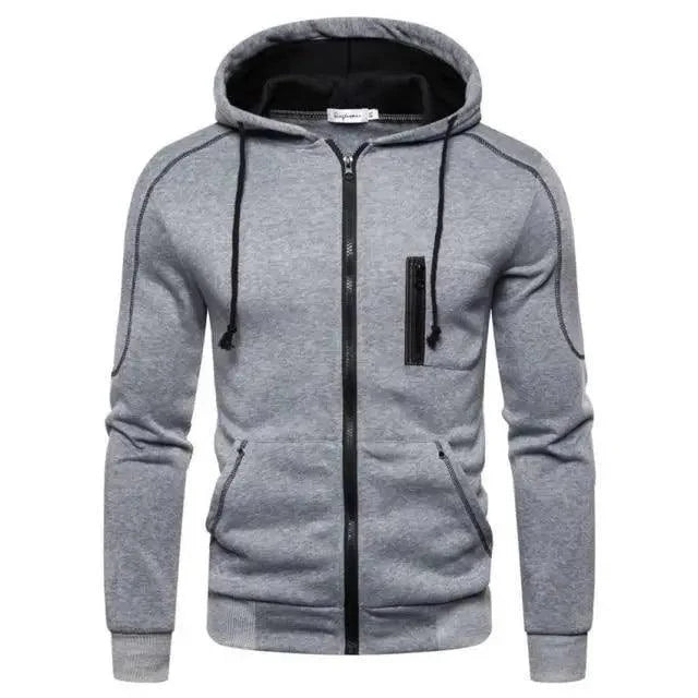 Men's grey fleece zip hoodie by Stevvex with chest zip pocket on Tampa Home & Garden Store