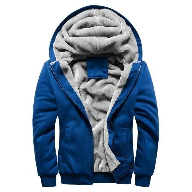 Stevvex blue men's fleece hoodie jacket with thick grey plush lining for winter on Tampa Home & Garden Store