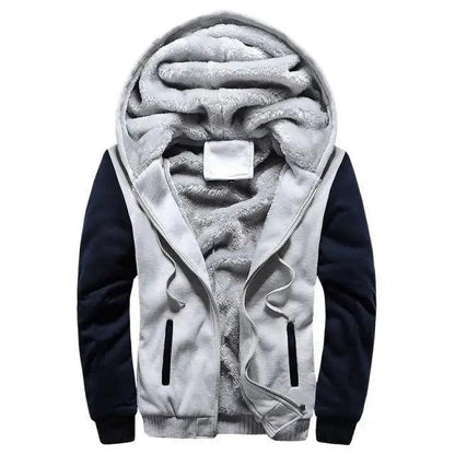 Stevvex men's fleece hoodie jacket with navy sleeves, thick warm lining, zip pockets on Tampa Home & Garden Store