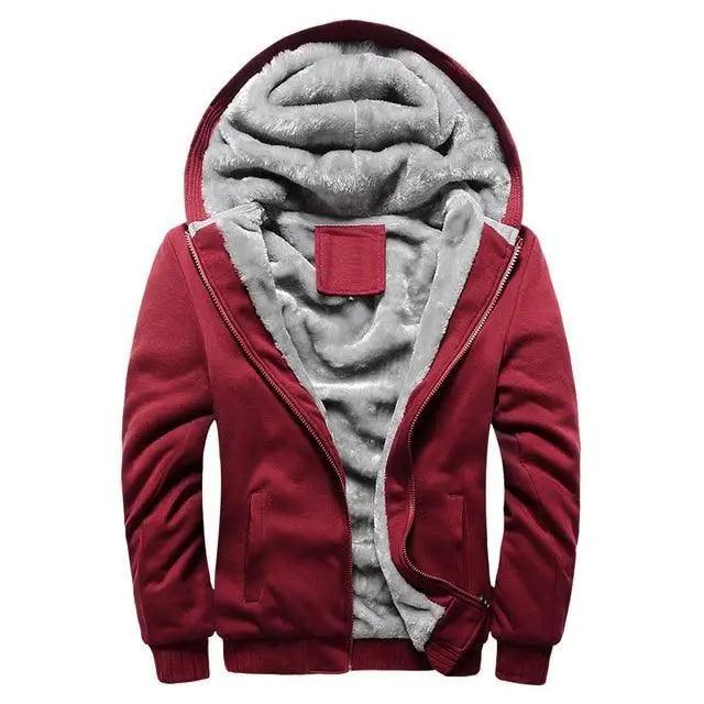 Stevvex men's red hooded fleece jacket with thick gray lining, zip front on Tampa Home & Garden Store