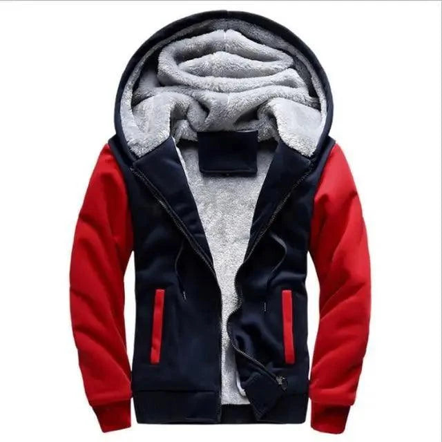 Stevvex men's navy/red fleece hoodie jacket with sherpa-lined hood and padded zip pockets on Tampa Home & Garden Store