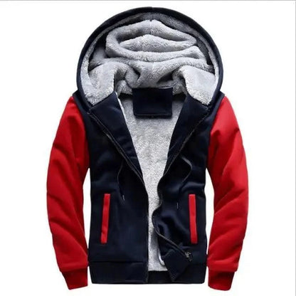 Stevvex men's navy/red fleece hoodie jacket with sherpa-lined hood and padded zip pockets on Tampa Home & Garden Store