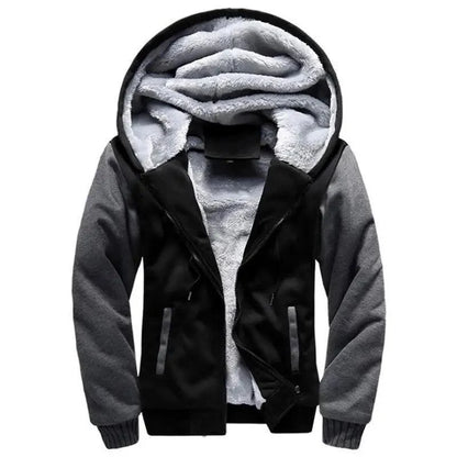 Stevvex men's hooded fleece jacket black body gray sleeves with lining and zip pockets on Tampa Home & Garden Store