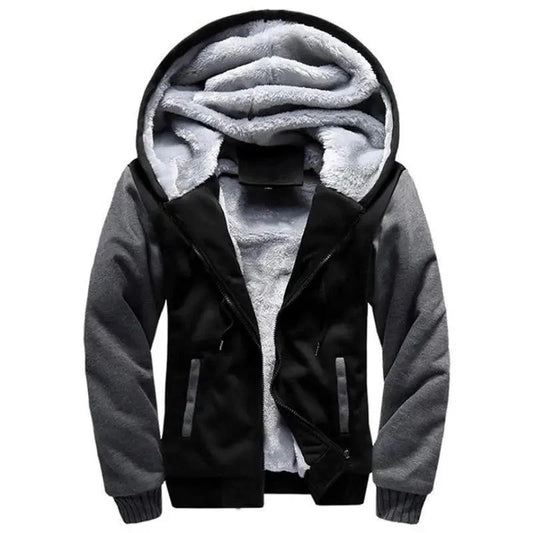 Stevvex men's hooded fleece jacket black body gray sleeves with lining and zip pockets on Tampa Home & Garden Store