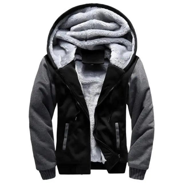 Stevvex men's hooded fleece jacket black body gray sleeves with plush lining on Tampa Home & Garden Store